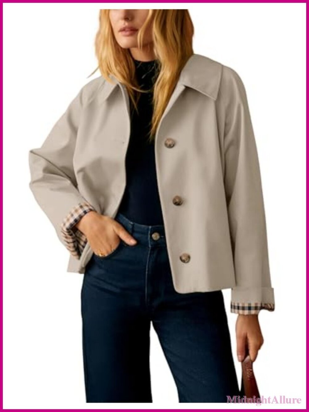 Lightweight Plaid Lined Trench Jacket with Lapel Collar